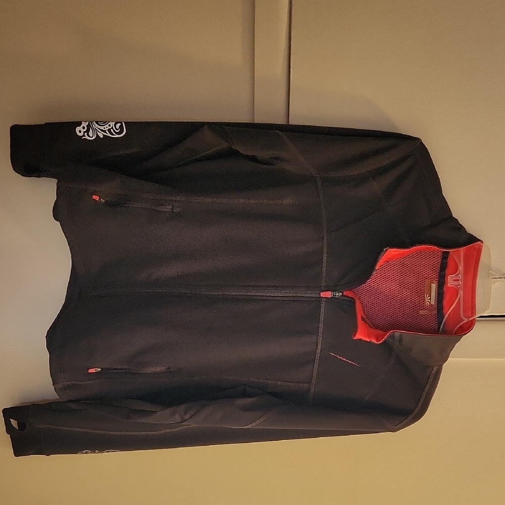Athleta Black and Tomato Red Jacket with Embroidered Detail Full Zip Hoodie XL